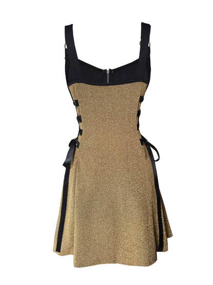 Y2K Metallic Fabric | Fashionable Women'S Peplum Dress with V-neck and Zipper Closure | Flared Hem, Waist-Cinching Details | All-Season Wear