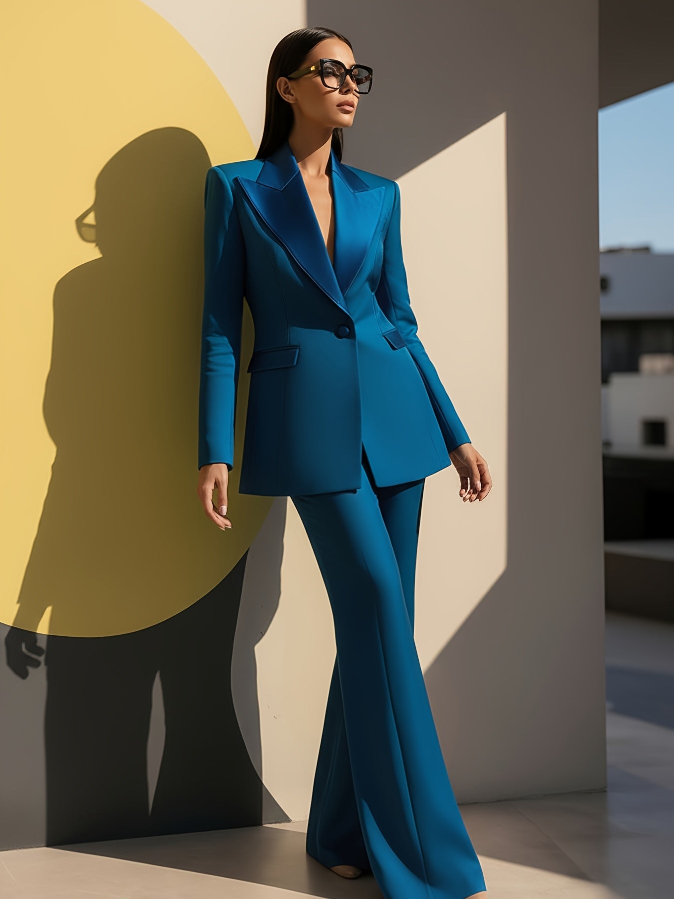 Women' 2pcs Suit: Bright Blue Double-Breasted Blazer & Flared Pants - Vintage Elegant Tailoring Matching Outfit, Hand Washable Suit for Weddings, Business Events, Year-Round Wear (No Included) - Spring/Summer Professional Att