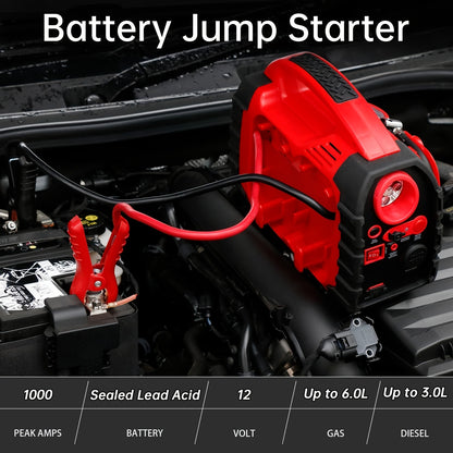 1000 Amp 12V Portable Car Jump Starter with Air Compressor, & Fast Charge - Heavy-Duty 260PSI Air, USB/ Lighter Power, Lithium-like Lead Acid Battery Booster for Trucks, RV, Boats, Motorcycles (Battery &