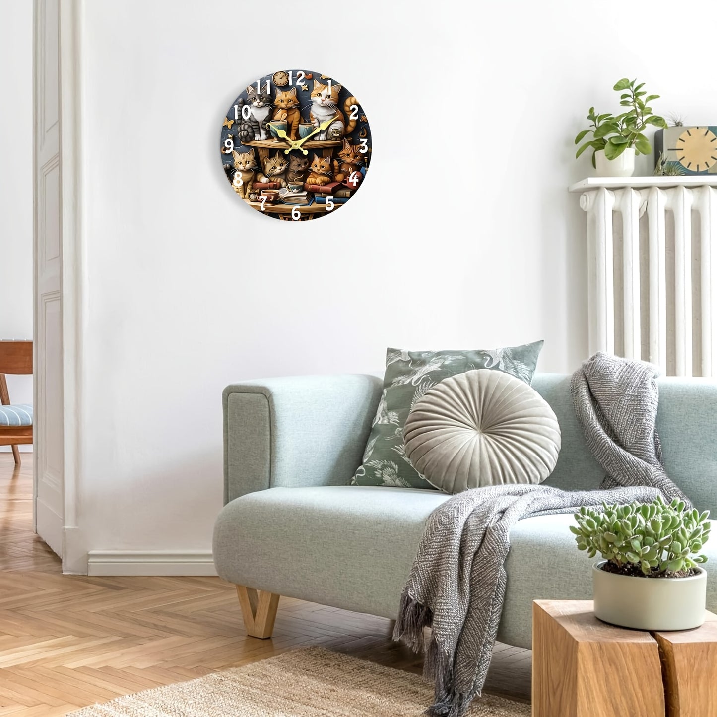 [12-Inch Silent Cat Clock] 12-Inch Silent Quartz Wall Clock with Wooden Fiber | Whimsical Cat Design, Charming Illustration of Cats with Teacups and Books, Perfect for Living Room, Home, Dorm, Office Decor | Requires 1 AA Bat