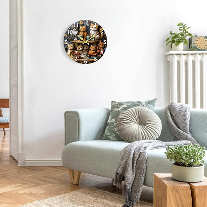 [12-Inch Silent Cat Clock] 12-Inch Silent Quartz Wall Clock with Wooden Fiber | Whimsical Cat Design, Charming Illustration of Cats with Teacups and Books, Perfect for Living Room, Home, Dorm, Office Decor | Requires 1 AA Bat
