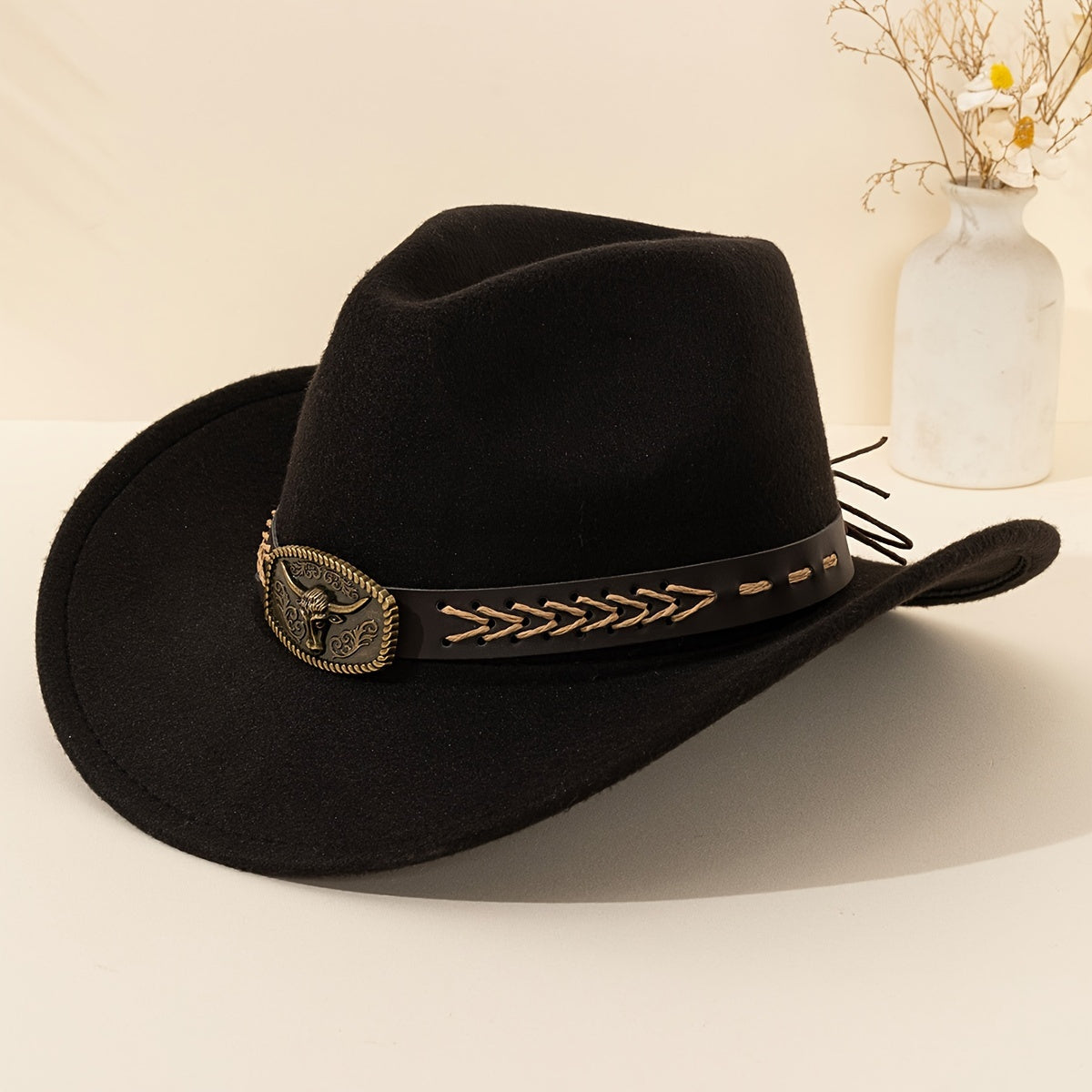 [Black Cowboy Hats] 2pcs Western Cowboy Hats - Black Fedora Cowboy Hats with Braided Band & Bull Head Design, Lightweight & Durable for Outdoor Travel, Christmas, and Casual Wear