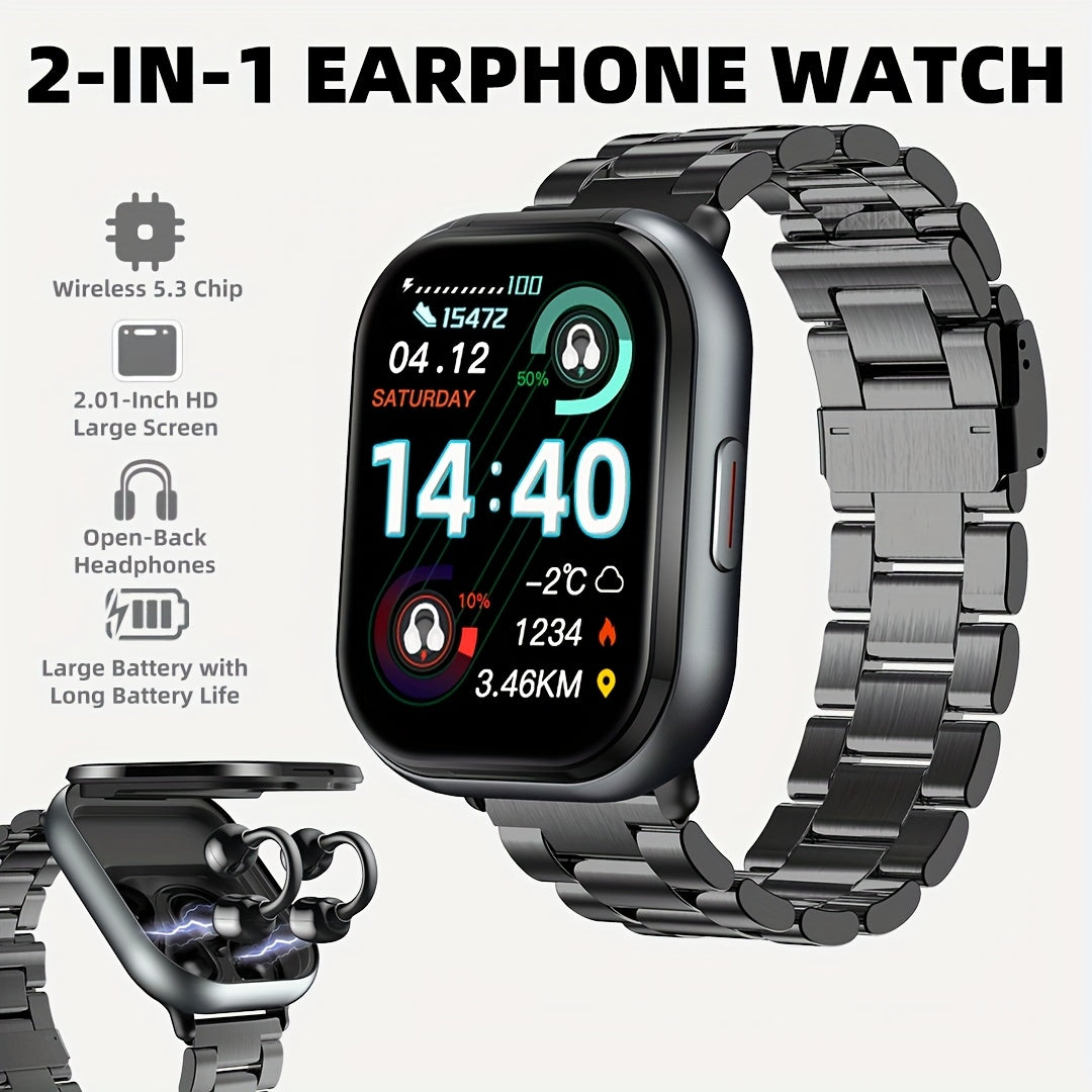 New 2-in-1 Multifunctional Smartwatch with Steel Strap, Black/Silver 2 Colors Available, Supports Call Reception, 2.01-Inch HD Screen, TWS Wireless Earbuds