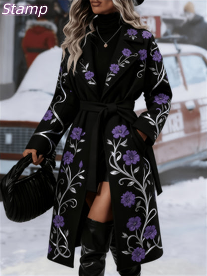 Fashionable And Elegant - Winter New Arrival - Women's Long Trench Coat - Warm And Simple - Double-Breasted Buttons With Belt - Featuring Floral Vine Print