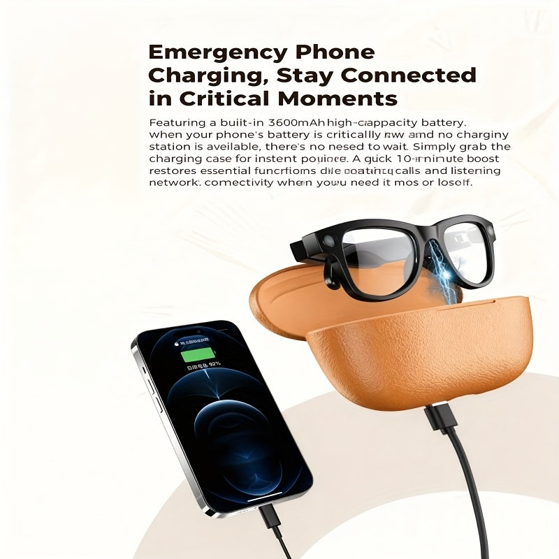 AI Smart Camera Glasses with Charging Case (Power Bank) - 4K HD Recording, Real-Time Translation & Voice Assistant, Smart Glasses for Video Calls, Smartphone Replacement, Portable Translator & ic Charging (-)