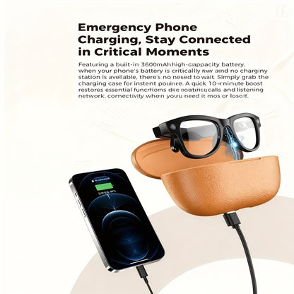 AI Smart Camera Glasses with Charging Case (Power Bank) - 4K HD Recording, Real-Time Translation & Voice Assistant, Smart Glasses for Video Calls, Smartphone Replacement, Portable Translator & ic Charging (-)