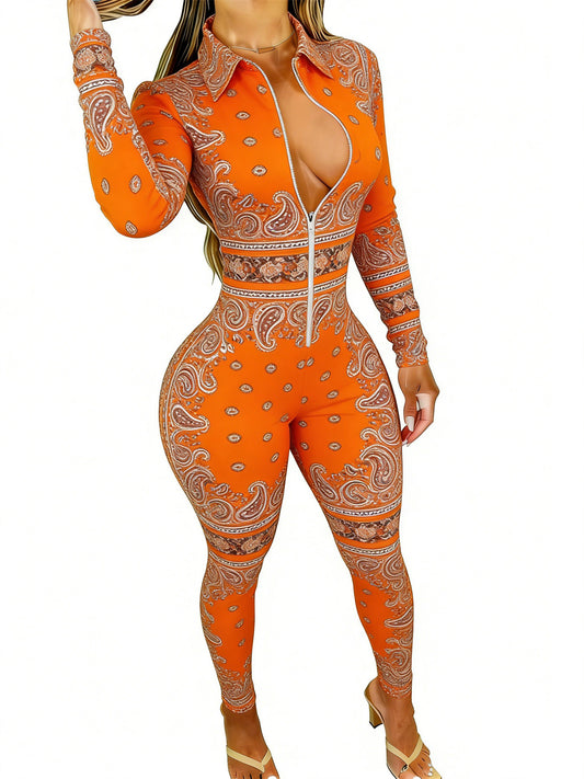Women'S Long Sleeve Jumpsuit | Stylish Paisley Print, Slim Fit, Perfect for Parties, Dates & Daily Outings, Available in Sizes 2XS to 2XL