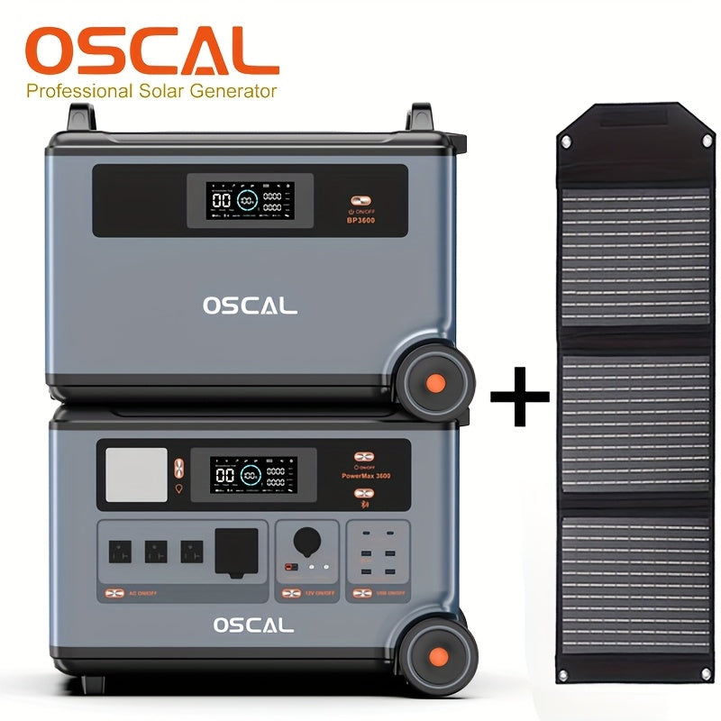 OSCAL 3600W Solar Power Station with 3600W Expansion Battery, Electricity Generator for Home Backup, Emergency Outdoor Camping (PowerMax 3600+BP3600) Comes with A Bonus 30W Solar Panel, Offgrid Living, Portable Power Supply,