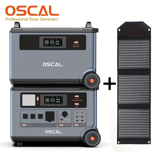 OSCAL 3600W Solar Power Station with 3600W Expansion Battery, Electricity Generator for Home Backup, Emergency Outdoor Camping (PowerMax 3600+BP3600) Comes with A Bonus 30W Solar Panel, Offgrid Living, Portable Power Supply,