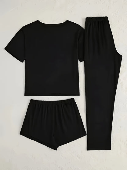 Short Sleeve Long Pants Shorts - Fashionable 3pcs - Unique Design Print Women'S Pajamas, Home Wear