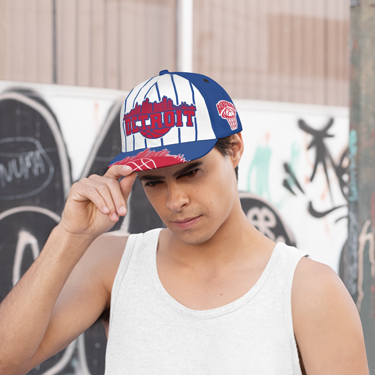 Unisex Basketball Cap with a Flat Brim - Adjustable Hat Featuring a Snap Closure, Creatively Designed with Detroit City Vertical Stripe Print - Game Day Cap - Fan Apparel - Breathable for All Seasons - Suitable for Outdoor An
