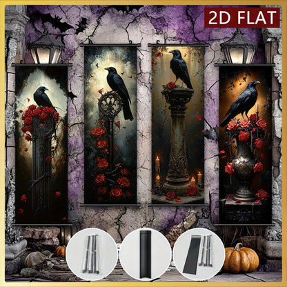 2D Flat, 2D/FLAT 4pcs Dark Gothic Style Hanging Wall Art Set, Raven and Rose Decorative Paintings - Odourless & Fade-Resistant Halloween Décor for Entryway Basement Bedroom Living Room to Add a Mysterious Ambiance, Halloween