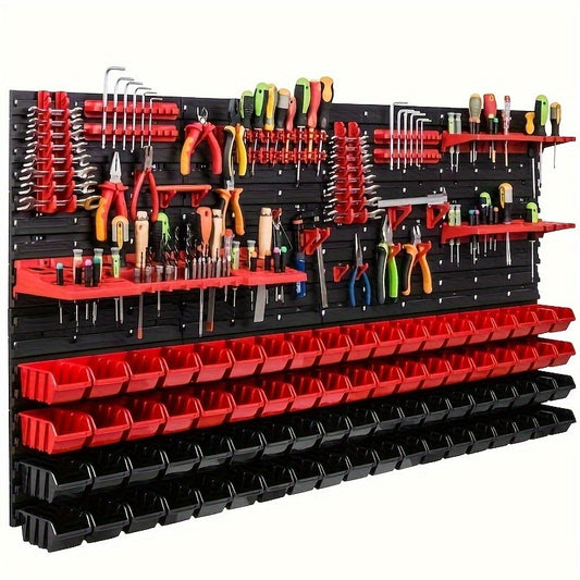 Heavy-Duty Garage Workshop Tool Organizer Shelf - Wall-Mounted Storage Rack with Red Shelves, Hooks & Hanging Boards - Space-Saving Garage Organization System, Sturdy Construction for Workshop, Professional or Home Use - Easy
