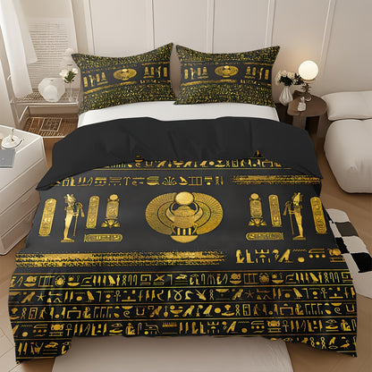 Egyptian Theme Duvet Cover Set - 3pcs Soft High-Definition Digital Print In Black And Golden - Breathable Polyester, Machine Washable - Perfect Gift For All-Season Use With Duvet Cover And Pillowcases