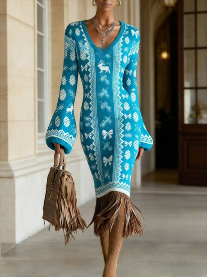 Cross-border New Autumn And Winter Sweater Dress, Floral Flower Printing, Sexy V-neck Long-sleeved Design, Fringed Hem Embellishment, Warm And Thin Temperament Commuter Bottom Dress