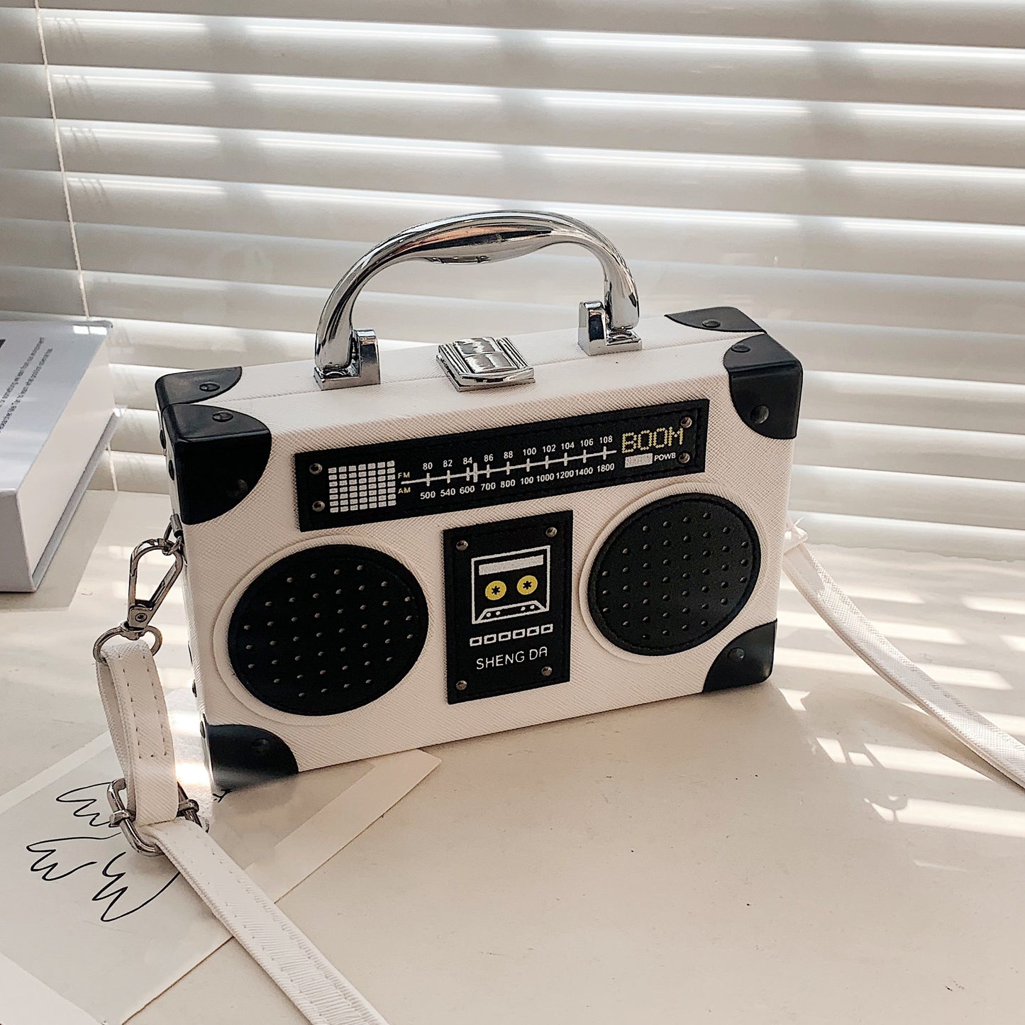 Women's Crossbody Bag with Vintage Boombox Design - Messenger Purse, Chain-like Hardware, Compact Everyday Bag for Women (Black/Red) - Retro '00s Nostalgia Shoulder Bag, Crossbody Purse, Sturdy Strap Design