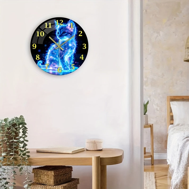 One 12-inch glowing neon cat silent wall clock - stunning blue galaxy kitten design, made with thick tempered glass, perfect for home and kitchen decor, Valentine's Day or anniversary gift. Batteries not included, cat-themed