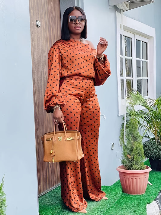 Casual Off-Shoulder Outfit for Women Featuring a Long-Sleeve Top And Loose-Fitting Long Pants with a Polka Dot Design.