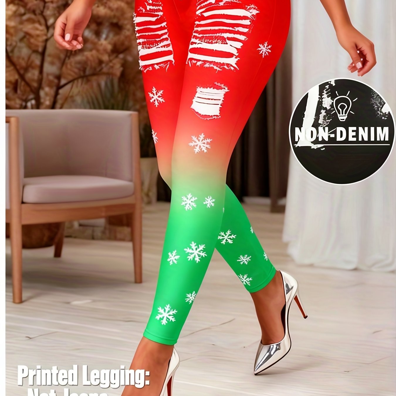 [Printed Pants - Not Denim Fabric] Printed Legging - Not Denim Fabric - Christmas Plus Size Women's Digital Print Denim-Look Leggings, Stretch Polyester, All-Season Casual Slim-Fit Pants, Regular Fit, Adult Sizes, Machine Was