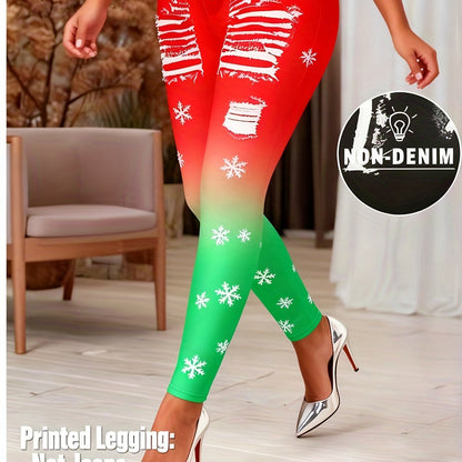 [Printed Pants - Not Denim Fabric] Printed Legging - Not Denim Fabric - Christmas Plus Size Women's Digital Print Denim-Look Leggings, Stretch Polyester, All-Season Casual Slim-Fit Pants, Regular Fit, Adult Sizes, Machine Was