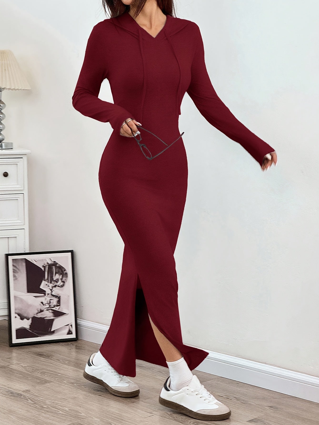 Spring and Autumn New Hooded Long Cross Knee Casual Fashion Dress | Solid Color, Long Sleeve, Bodycon Fit, Slit Hem