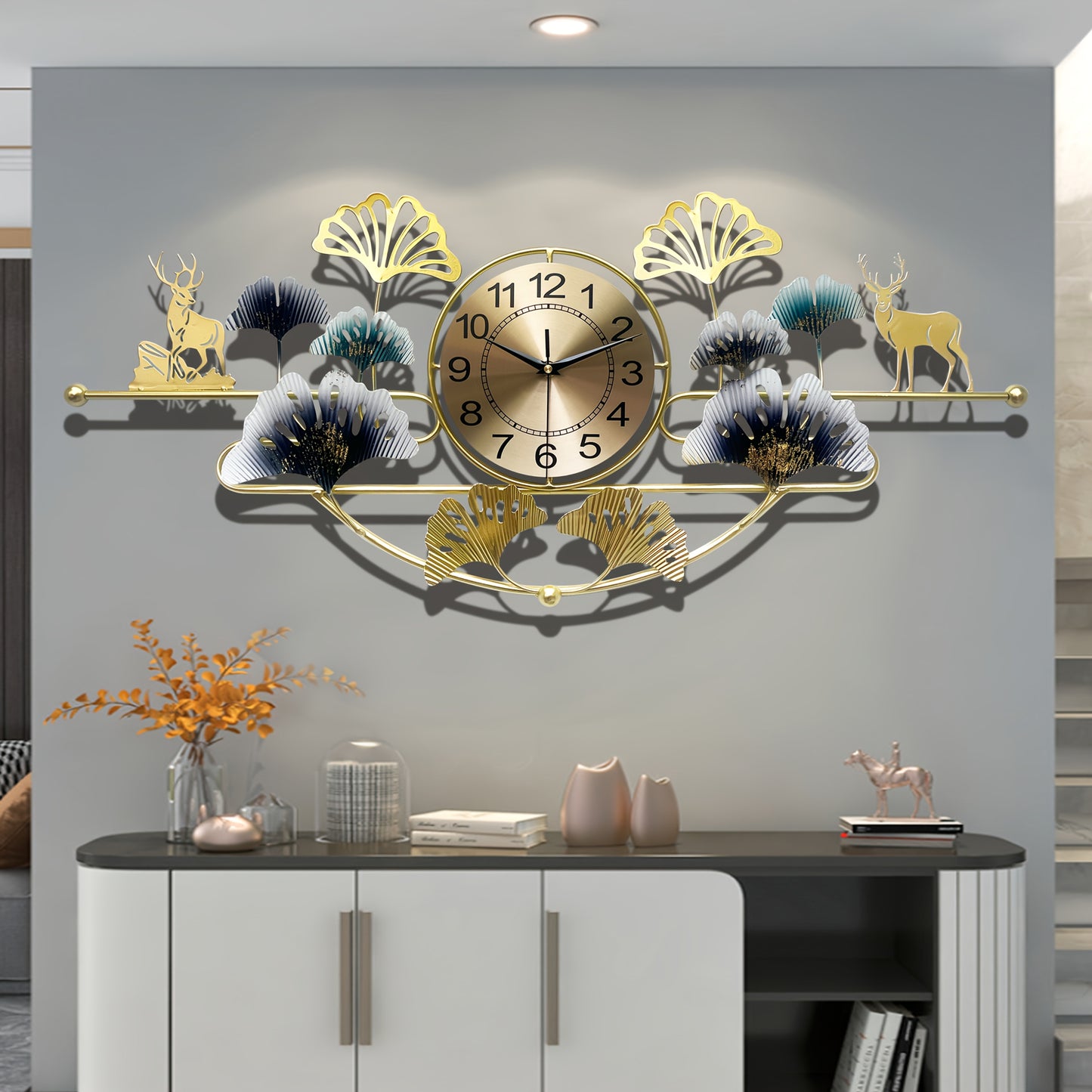 3D Creative Wrought Iron Wall Clock for Bedroom Living Room, 32.68in x 14.57in Ginkgo Leaf Silent Wall Clock, Wrought Iron Decor Gift, Large Black Golden Green for Dining Room