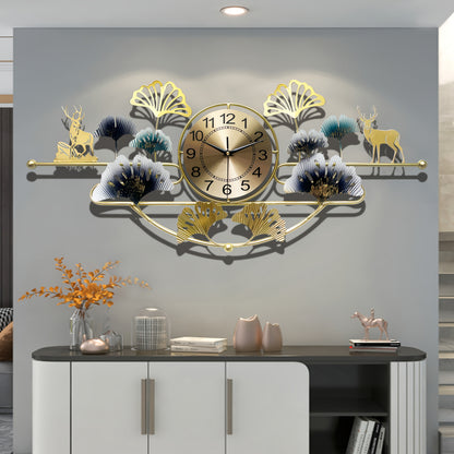 3D Creative Wrought Iron Wall Clock for Bedroom Living Room, 32.68in x 14.57in Ginkgo Leaf Silent Wall Clock, Wrought Iron Decor Gift, Large Black Golden Green for Dining Room