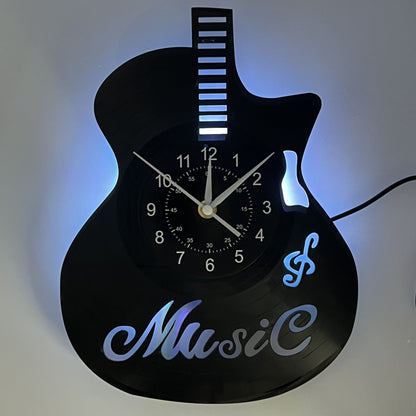 Handmade Guitar-Shaped Vinyl Record LED Wall Clock - Unique Musical Theme, Irregular Shape, Flat Crown, Digital Display, Battery Operated (AA Not Included) - Ideal for Living Room, Bedroom, Office, Music Room Decor - Perfect