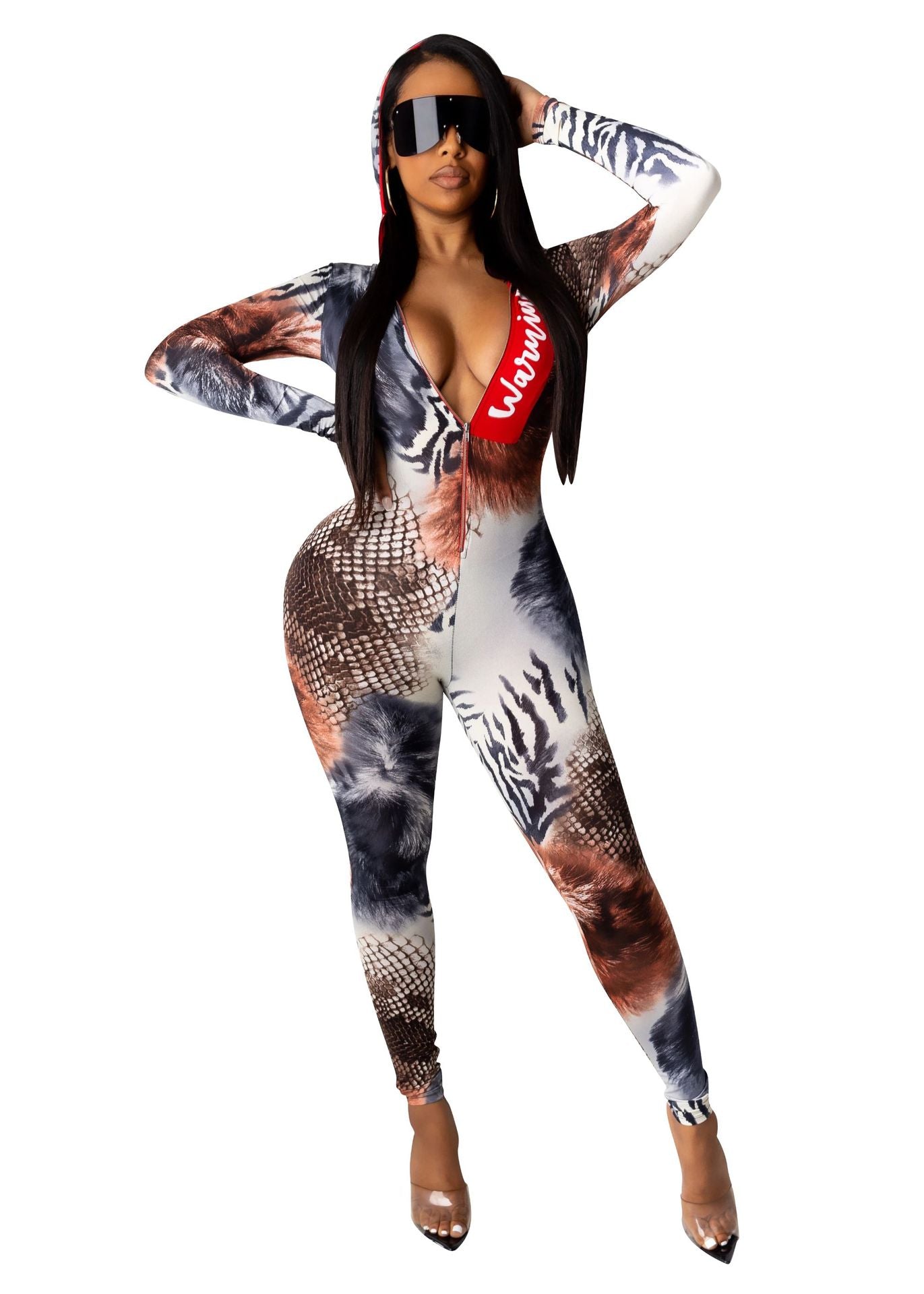 Summer Women'S Fitted Jumpsuit with a Leopard Print, V-Neck, And Long Sleeves Featuring a Hood