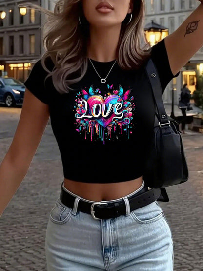 Fun Flower-shaped Letter Creative Pattern Women's Fashionable Short Printed T-shirt, Sexy Slim-fitting Waist-revealing Women's T-shirt, Round-neck Short Women's Tight Top, Classic Three-color Short-sleeved Casual, Elegant, Li