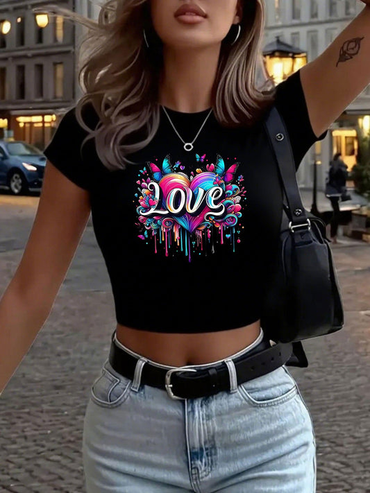 Fun Flower-shaped Letter Creative Pattern Women's Fashionable Short Printed T-shirt, Sexy Slim-fitting Waist-revealing Women's T-shirt, Round-neck Short Women's Tight Top, Classic Three-color Short-sleeved Casual, Elegant, Li