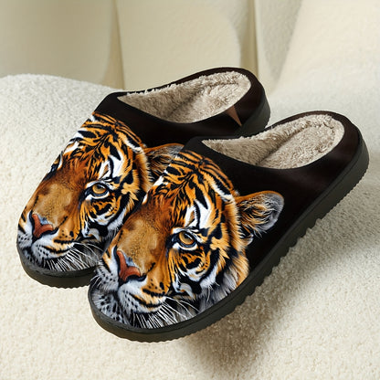 Women's Plush Thickened Winter Slippers with Tiger Face Animal Print - Soft Fabric Indoor House Shoes, Machine Washable Cozy Warmth for Cold Floors, Casual Elegant Design, EVA Cushioned Sole