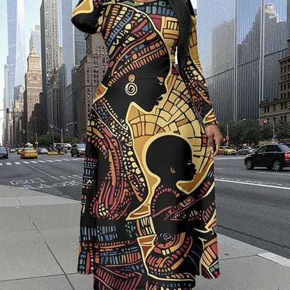 Plus Size, Women's Plus Size African Tribal Print Maxi Dress - Elegant Floor-Length Long Sleeve Maxi with Cinching Waist, Vibrant African Patterns in Black/Orange/Red/Blue, Machine Washable Formal & Everyday Maxi Dress for Pa