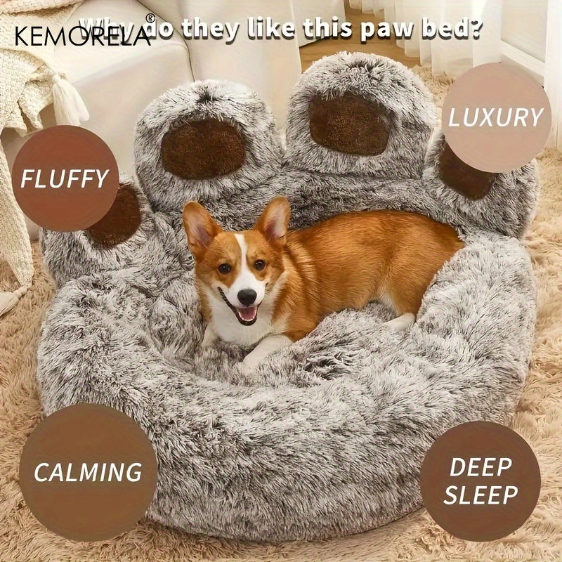 Bear Paw-Shaped Plush Pet Bed with Non-Slip Bottom - KEMORELA - Soft Polyester & Polyester Fiber Fill - Cozy Warm Cat & Dog Bed for Small Pets - Cute Animal-Themed Home Decor - Playful Design