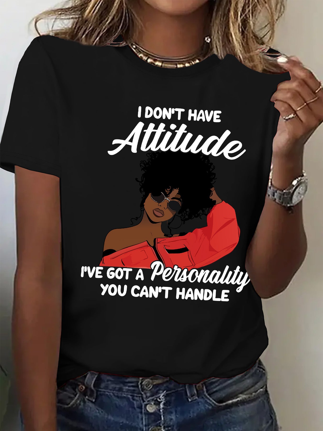 Women's "I Don't Have Attitude" Slogan Graphic T-Shirt - Vibrant Red Short Sleeve Crew Neck Casual Top with Bold Text & Fashion Glasses Design, Machine Washable All-Season Comfort Fit Tee, Fashionforward Look, Durable Fabric