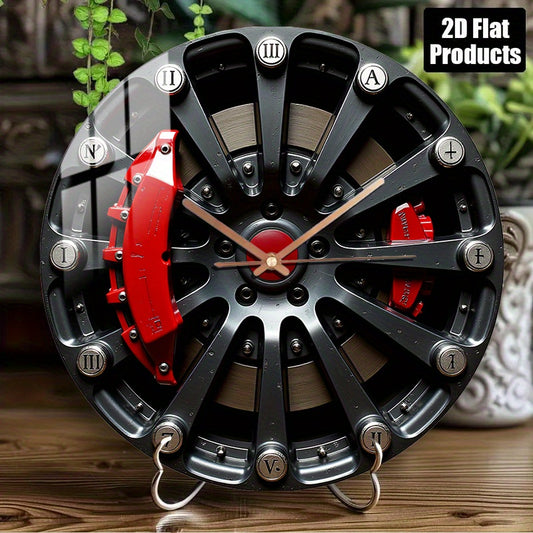12 Inch Large Industrial Modern Minimalist Glass Wall Clock with Black Metallic Spoke Face & Red Caliper Hands - Silent Quartz Movement, Battery- (AA Battery Not Included) - Large Round Clock for Living Room, Bedroom, Kitchen