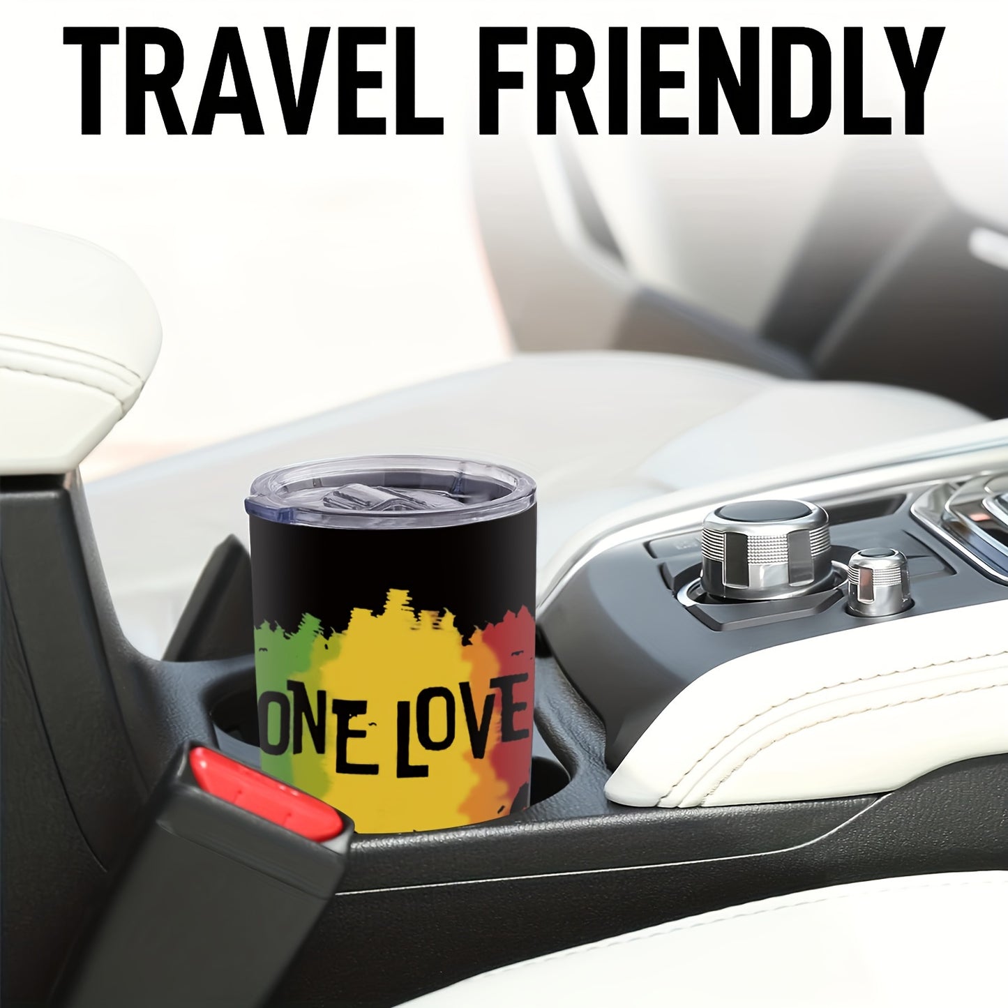 1-Pack 20oz Insulated Stainless Steel Tumbler with Lid - One Love Reggae-Themed Leakproof & -Slip Travel Cup, Green/Yellow/Red Rasta Colors, Flag Design for Camping, Office, Parties - Hand Wash Only (Bob Marley Inspired)