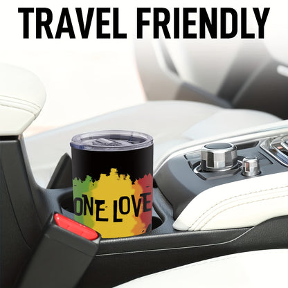 1-Pack 20oz Insulated Stainless Steel Tumbler with Lid - One Love Reggae-Themed Leakproof & -Slip Travel Cup, Green/Yellow/Red Rasta Colors, Flag Design for Camping, Office, Parties - Hand Wash Only (Bob Marley Inspired)