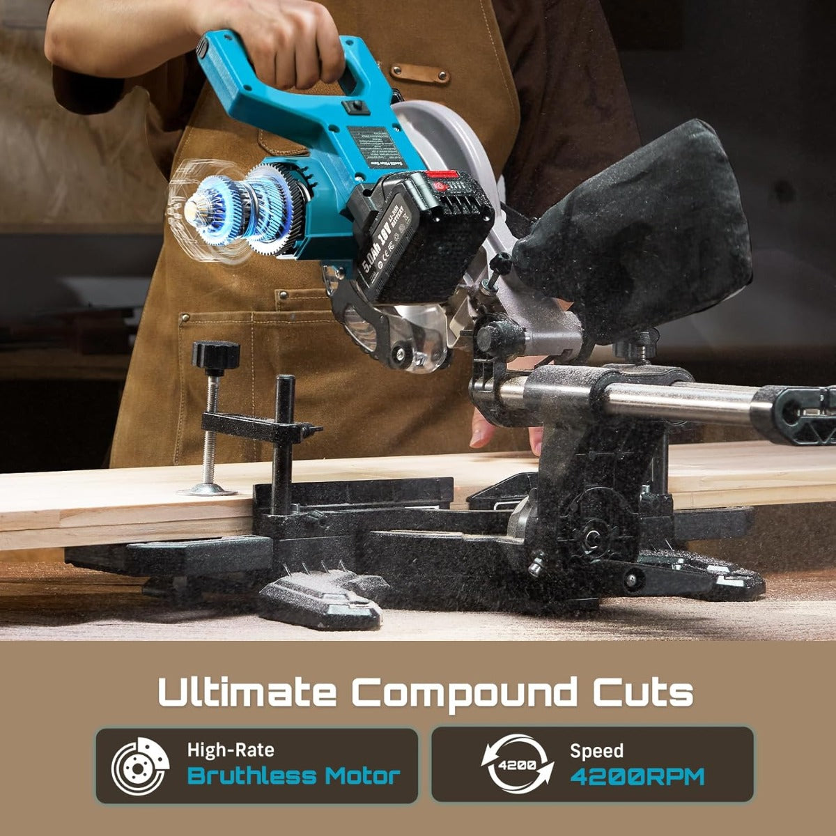 SEESII Sliding Compound Miter Saw: Cordless Electric Miter Saw with Laser Guide, 8-Inch, 2 * 5000mAh Batteries, Single 45° Angle, 24T TCT Blade, Max Cutting 2.5*12 Inches, Perfect for DIY and Woodworking, Miter Saws For Wood