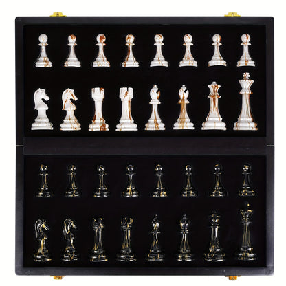 15" Large Chess Set for Adults with Weighted Acrylic Chess Pieces 3.5" King & Portable Folding Marbling Wooden Chess Travel Chess Sets Family Game Gift Elegant Classic Chess Game