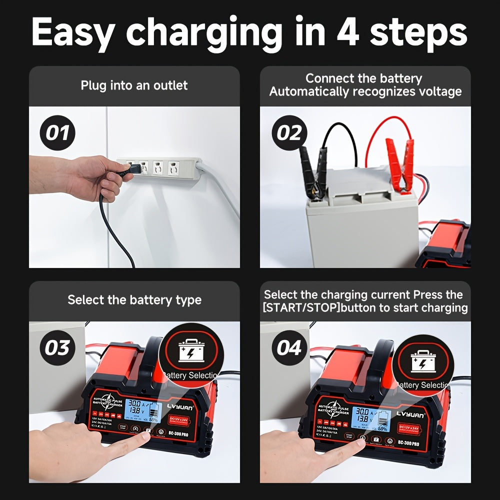 Battery Charger 30A, 12V/24V Lead Acid Smart Battery Charger, 12V LiFePO4 Car Battery Trickle Charger, Automatic Battery Maintainer for Car Motorcycle Lawn Mower Marine Boat Lead Acid Batteries