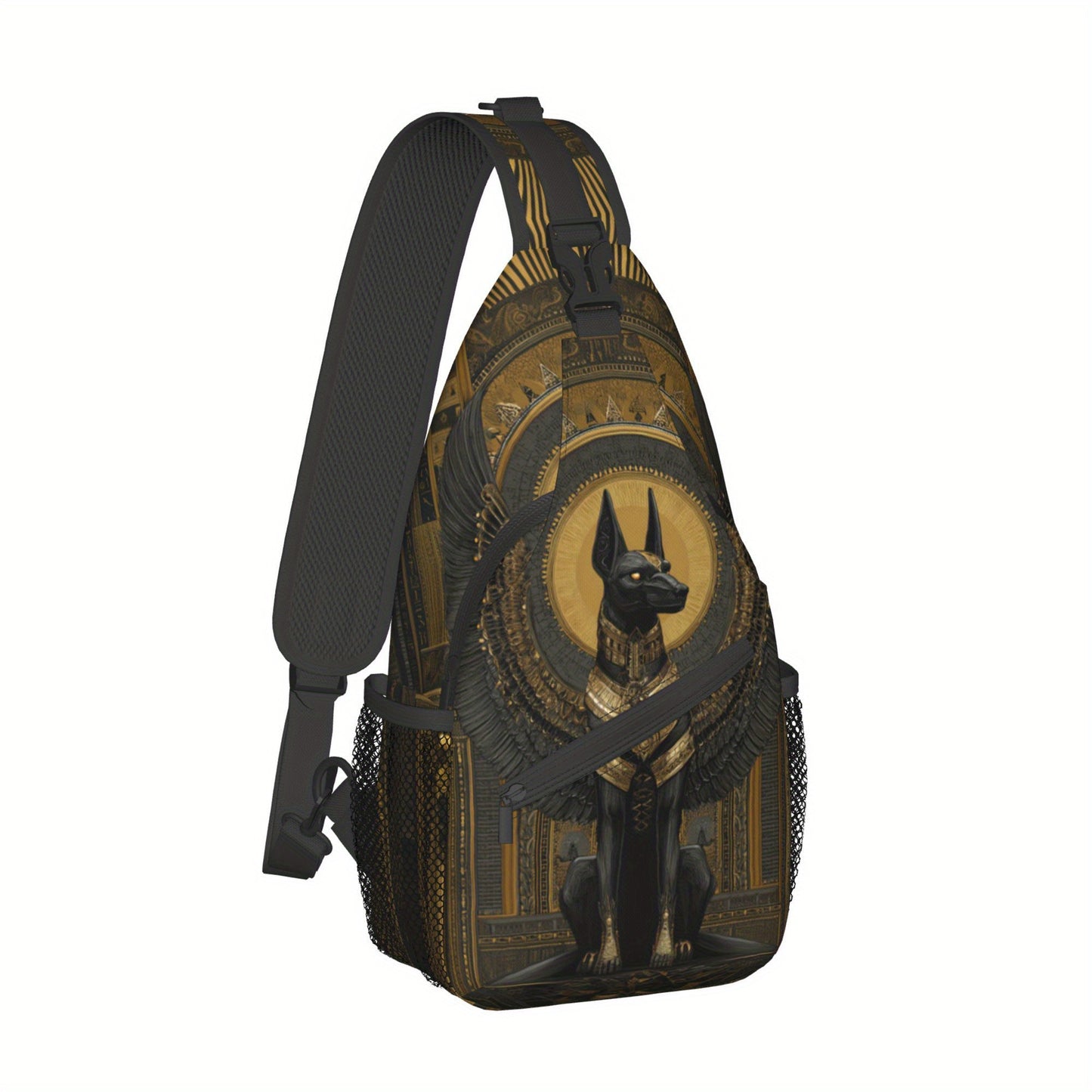 Men'S Egyptian Mythology Anubis God Print Chest Sling Bag - Active Lifestyle Crossbody Pack with Adjustable Strap, Zipper Closure & 2D Flat Printing - Lightweight Durable Design for Cycling, Travel, Everyday Use - Stylish Gif