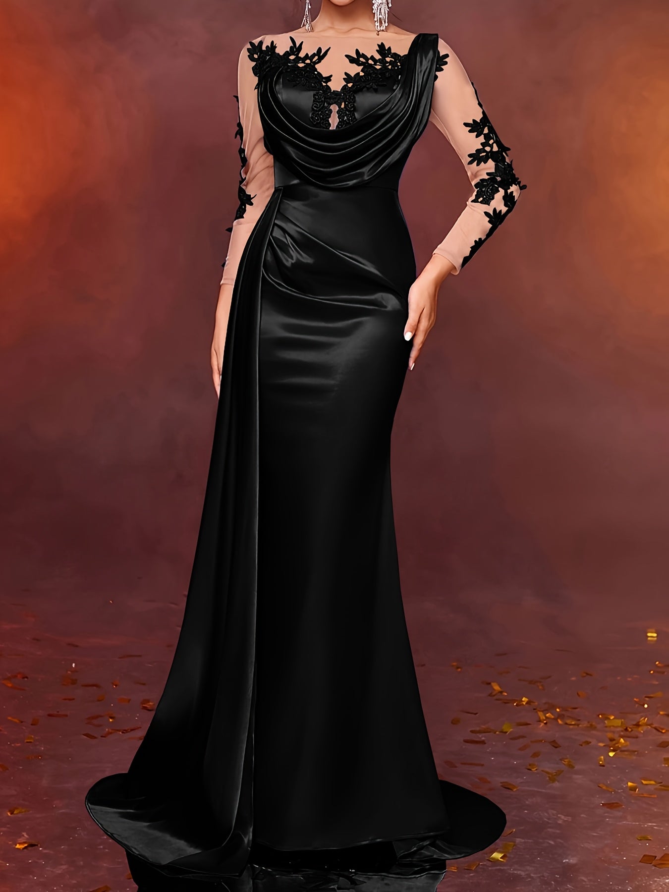 Elegant Long Ladies' Gown with Lace Detail | Solid Color, Contrast Mesh, Long Sleeve, Gown Hem, Ideal for Christmas, Birthday, Graduation, Travel