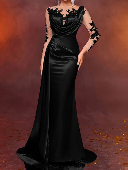 Elegant Long Ladies' Gown with Lace Detail | Solid Color, Contrast Mesh, Long Sleeve, Gown Hem, Ideal for Christmas, Birthday, Graduation, Travel