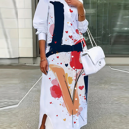 Women'S Elegant Floral Print Shirt Dress - Long Sleeve, Button-Up Collar, Lightweight, Perfect for Spring/Summer/Fall, Casual to Formal Wear, Casual Attire|Floral Print Dress| Fabric