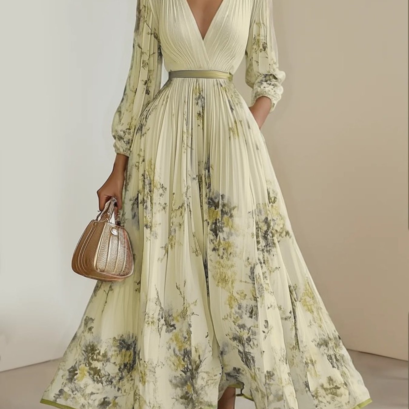 Women's Elegant A-Line Maxi Dress with V-Neck & full-length Zipper Back - Long Sleeve Summer Wedding Guest Gown, Pleated Maxi, Non-Stretch Fabric (Hand Wash/Dry Clean) - Floral print suitable for Prom, Party, Special Occasion