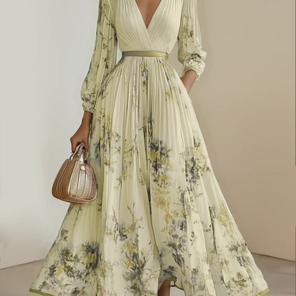 Women's Elegant A-Line Maxi Dress with V-Neck & full-length Zipper Back - Long Sleeve Summer Wedding Guest Gown, Pleated Maxi, Non-Stretch Fabric (Hand Wash/Dry Clean) - Floral print suitable for Prom, Party, Special Occasion