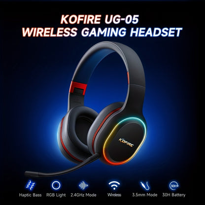 KOFIRE UG-05 2.4GHz Wireless Gaming Headset, Over-Ear Headphones With Vibration Feedback, Noise-Canceling Microphone, And LED Lights, Wireless Headphones For Nintendo Switch, PC, PS5, PS4
