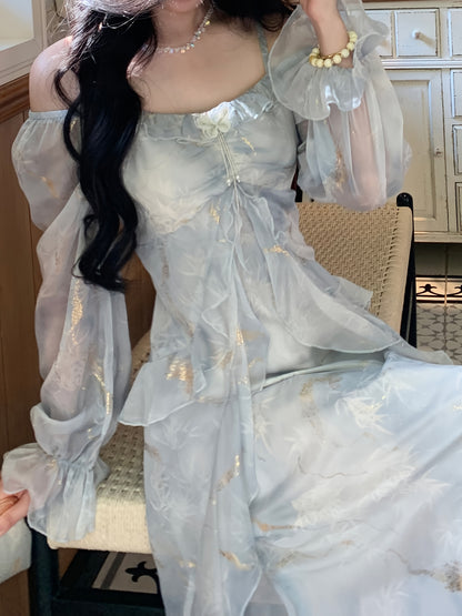 A Stylish Off-Shoulder Long Sleeve Dress for Women Featuring a Lavender Floral Pattern, Ruffle Collar, And A-Line Silhouette. Suitable for Both Formal And Casual Occasions, This Machine Washable Dress Is Perfect for Spring An