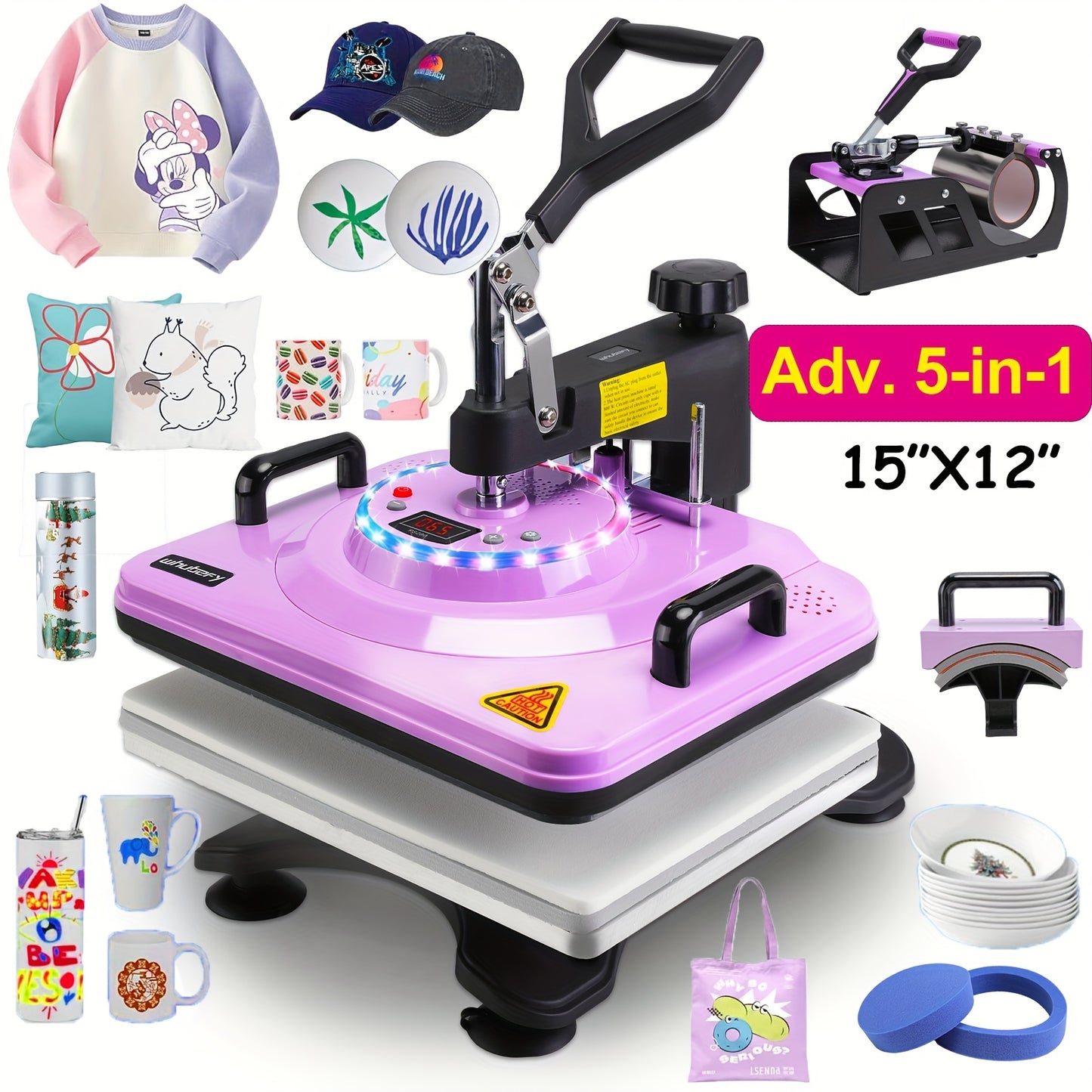 Advanced 8-in-1/ 5-in-1 - 15"x12" Heat Press Machine Set, Multi-Size Transfer Professional Sublimation Combination, With DUAL-TUBE HEATING And LED Lights, Suitable For T-shirts, Bags, Pillows, Hats, Beanies, Roller - Rotatabl